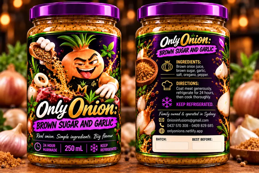 ONLY ONIONS Brown Sugar and Garlic marinade 250 mL jar with purple lid, shown front and back
