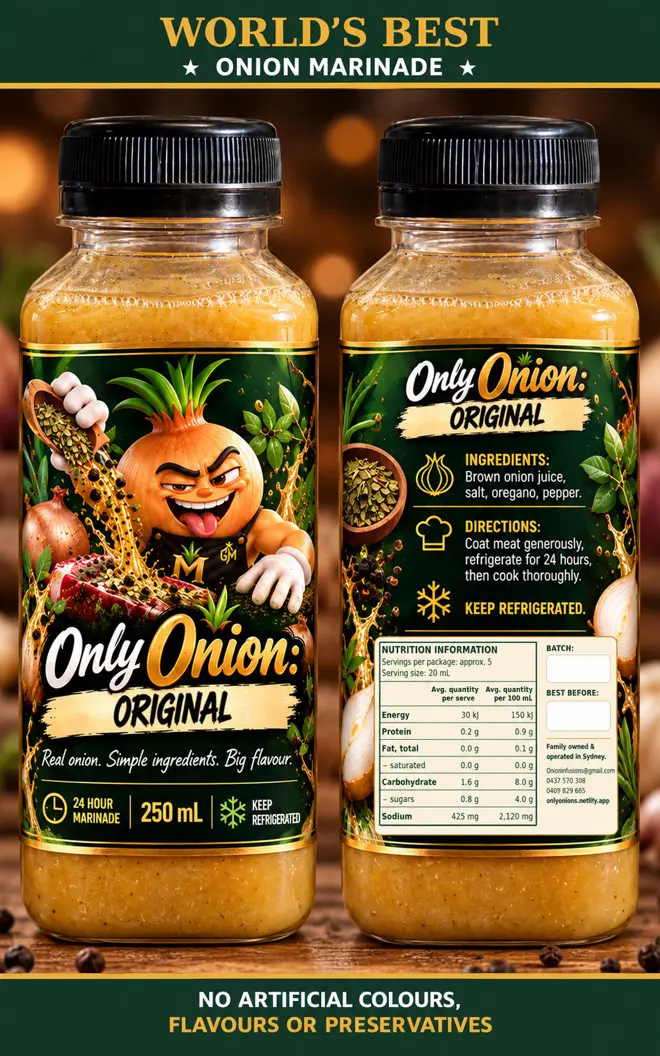 ONLY ONIONS Original 250 mL bottles, front label and back label with ingredients, directions and nutrition information