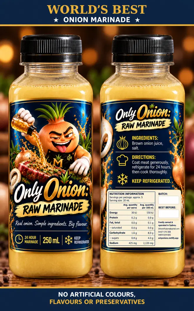 ONLY ONIONS Raw Marinade 250 mL bottles, front label and back label with ingredients, directions and nutrition information