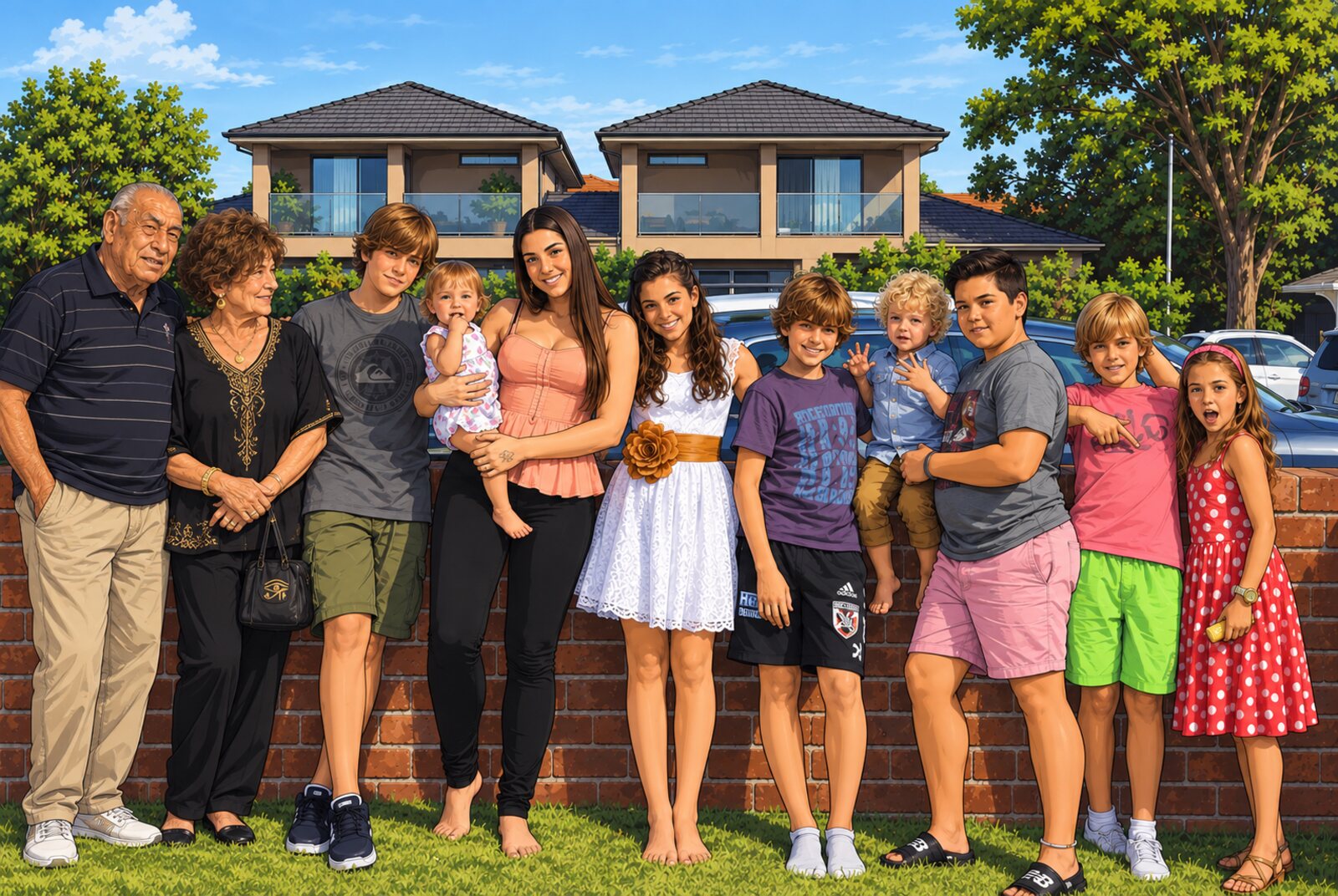 Cartoon family portrait of grandma and grandpa standing on the left with all of their grandchildren in front of a brick wall
